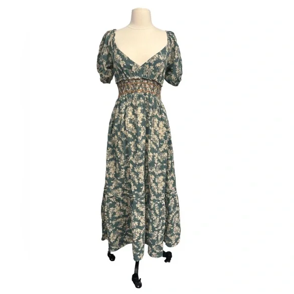 Free People | Dresses | Free People Ellie Blue Green Floral Prairie Boho Maxi  Dress | Poshmark